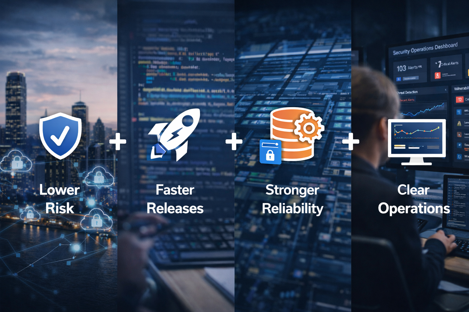 Outcomes: Lower risk, Faster releases, Stronger reliability, Clear operations